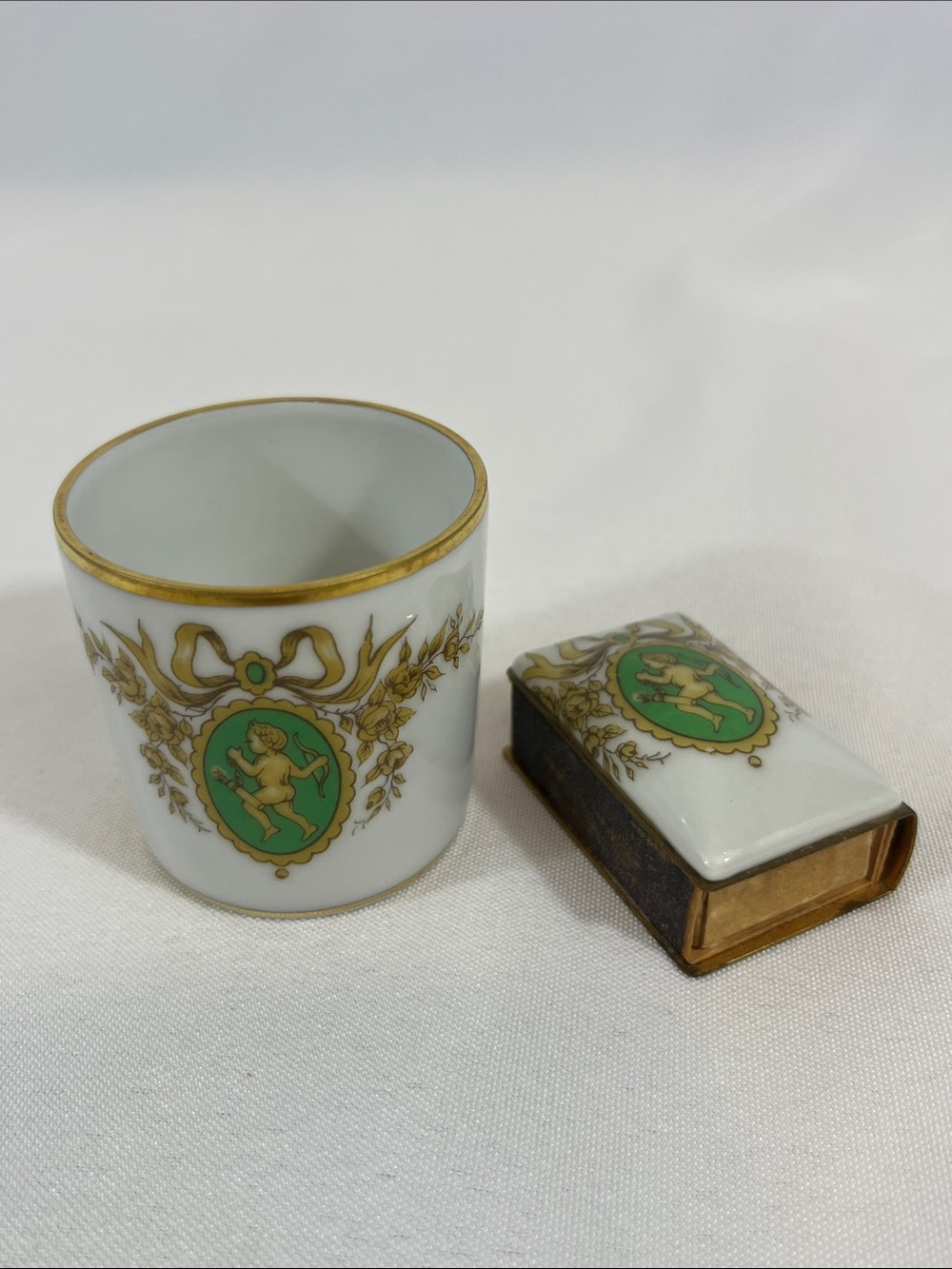 Rare Limoges Cupid Cherub Porcelain Matchbox/Smoking Set Vintage Green Gold